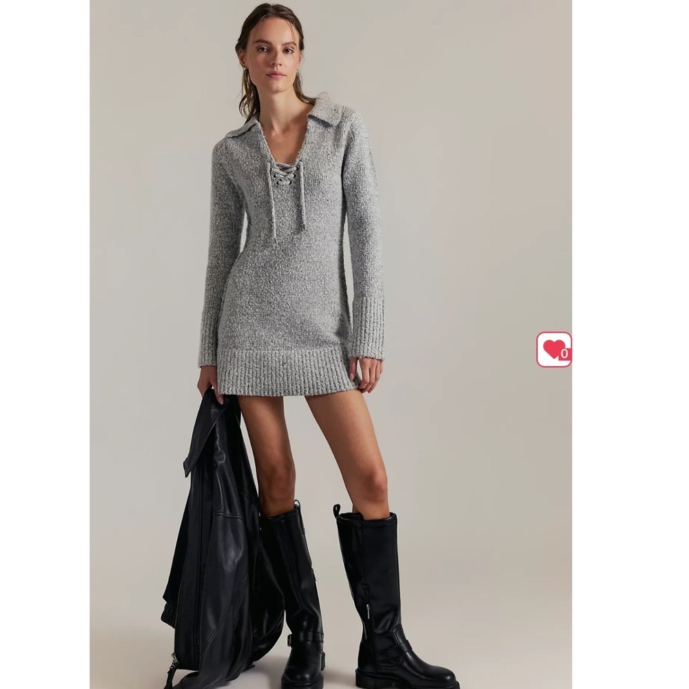 Free People Mileana Sweater Mini Dress  Medium Grey Lace Up Collar OB1514736